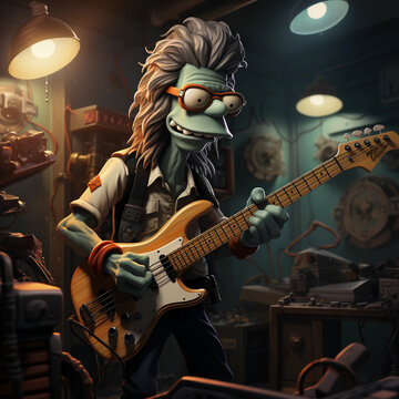 Cartoon abstract rock guitarist in action illustration