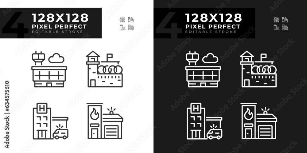 Poster 2d pixel perfect dark and light mode linear icons set representing various buildings, editable thin 