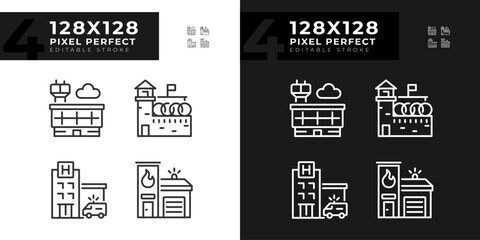 2D pixel perfect dark and light mode linear icons set representing various buildings, editable thin line illustration.