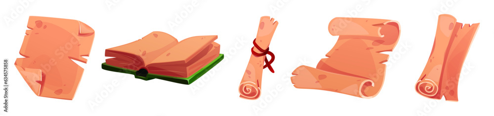 Aufkleber magic game scroll and book - cartoon vector illustration set of old parchment rolled assets for wiza
