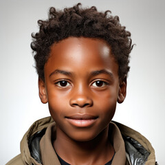 A professional studio head shot of a serene 11-year-old Jamaican boy with calm eyes.