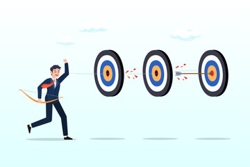 Businessman archery hit multiple bullseye with single arrow, completed multiple tasks with single action, business advantage or efficiency to success, achieve many targets with small effort (Vector)