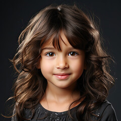 Professional studio head shot of a pleased 6-year-old Kazakh girl with a satisfied smirk.