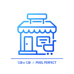 2D pixel perfect blue gradient store icon, isolated vector, building thin line illustration.