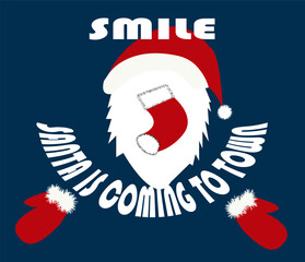 Winter Symbols - Christmas lettering - Santa is coming to town. Santa Claus in red hat with mittens. Gift sock. Vector illustration.