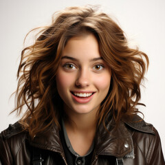 Fototapeta premium Professional studio head shot of a lively 16-year-old Italian girl with a bounce in her expression.