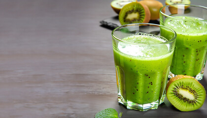 Green Smoothie fruit juice drink juice kiwi in glasses panorama with text free space Copyspace