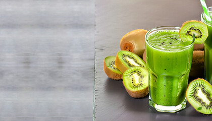 Green Smoothie fruit juice drink juice kiwi in glasses panorama with text free space Copyspace