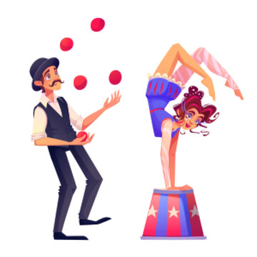Male juggler and female acrobat isolated on white background. Vector cartoon illustration of circus performer juggling with balls, flexible contortionist standing on hands on podium. Talent festival