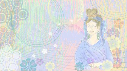  パステルの優しい華が広がる観音菩薩のいる背景　16：9