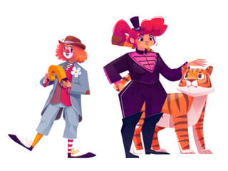 Male clown and female animal tamer isolated on white background. Vector cartoon illustration of circus comedian playing accordion, woman in costume and tiger performing on arena. Talent festival