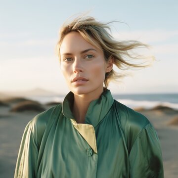 A Beautiful Woman Stands Confidently On The Beach, Her Vibrant Green Jacket Flowing In The Breeze As She Looks Up Into The Clear Sky With Her Wild Hair Cascading Down Her Neck