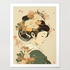 Elegant Ukiyo-e Girl Portrait with Floral Accents 