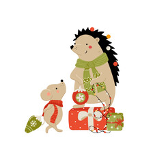 Hedgehog and mouse Christmas composition