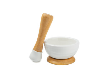 Mortar and pestle isolated on white background. Siupka for grinding spices, herbs and cooking.