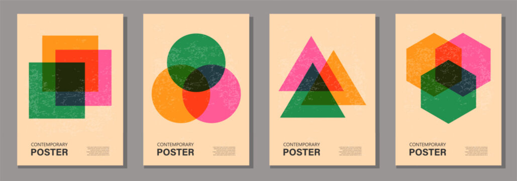 Set of trendy contemporary posters, risograph aesthetics, riso print effect