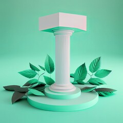Empty Abstract White Podium with Mint Leaves on Green Background