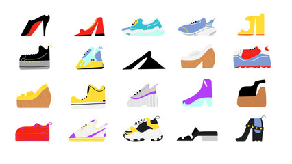 Obraz premium 2° Vector Collection Men's, Women's and children's footwear. Stylish shoes, sandals and boots icons set 