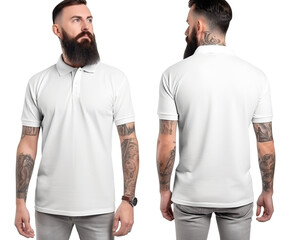 caucasian man wearing white polo shirt. blank polo shirt for design mock up isolated on transparent background.