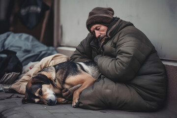 Fototapeta premium Portrait homeless dirty tramp hugging his dog. Concept friendship lifestyle. Generation AI