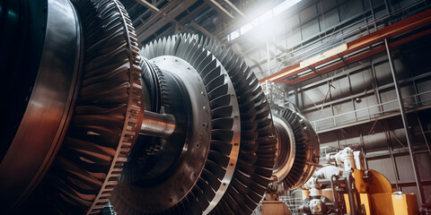 Turbine of energy power plant generation station. Disassembled equipment for repair and inspection. Generation AI.