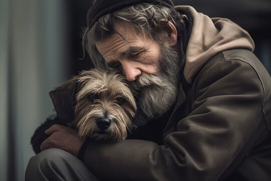 Portrait homeless dirty tramp hugging his dog. Concept friendship lifestyle. Generation AI