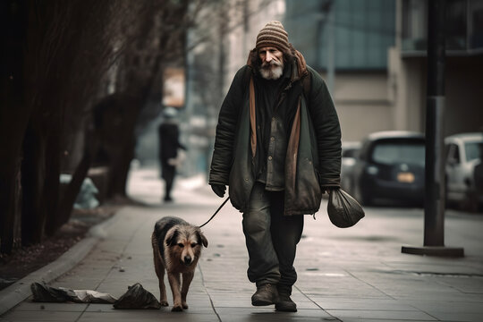 Homeless man walking down street with his friend dog. Concept friendship lifestyle. Generation AI.