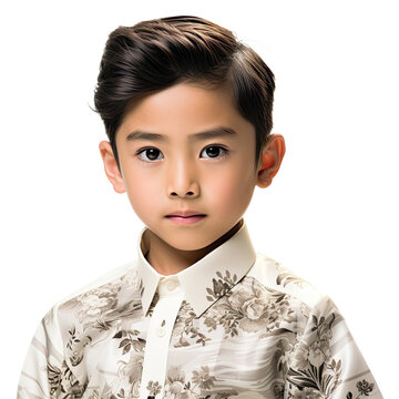 Studio shot of a Filipino 8-year-old boy wearing a traditional barong Tagalog, isolated on a pure white background.