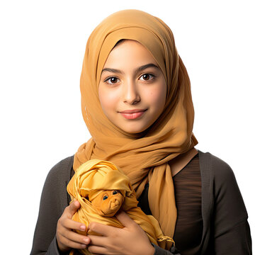 A young Middle Eastern girl wearing a mini hijab poses with a toy in a studio setting against a pure white background.