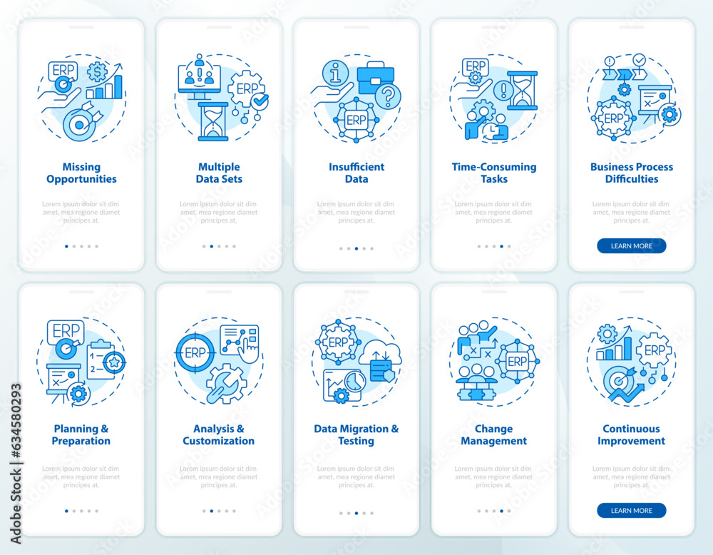 Poster 2d icons representing enterprise resource planning mobile app screen set. walkthrough 5 steps graphi