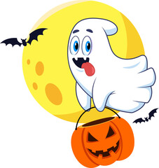 Cute Halloween Ghost Cartoon Character Flying With A Pumpkin Basket. Vector Hand Drawn Illustration Isolated On Transparent Background