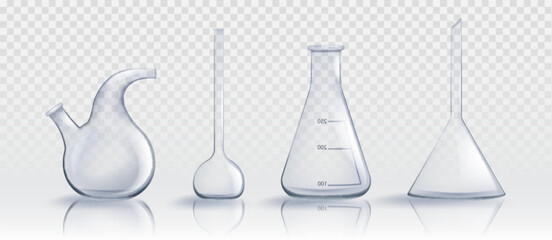 Realistic laboratory glassware set isolated on transparent background. Vector illustration of lab retort, volumetric, conical flasks, graduated containers for scientific experiment, chemical substance