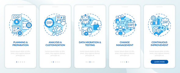 2D icons representing enterprise resource planning mobile app screen set. Walkthrough 5 steps graphic instructions with blue linear icons concept, UI, UX, GUI template.