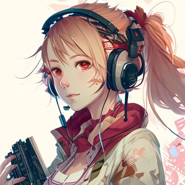 Cute Anime Manga Gamer Girl Portrait with Headphones and game controller playing computer games