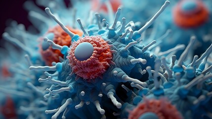 Molecules, bacteria, microorganisms, close-up, microscope, laboratory, medicine, research, development, coronavirus, virus, flu, immune system disease.