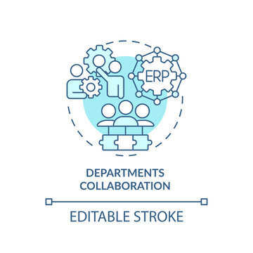Editable department collaborations blue icon concept, isolated vector, enterprise resource planning thin line illustration.