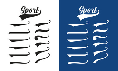 Calligraphic swoosh. Underline, highlighter marker strokes, waves brush marks. calligraphic swoosh tail set collection. Vector baseball & football swooshes, vintage sports logo graphics