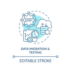 Editable data migration and testing blue icon concept, isolated vector, enterprise resource planning thin line illustration.