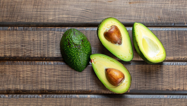 Halved Avocados On Rustic Wooden Background. Top View.