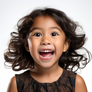 A professional studio head shot capturing the pure joy of an 8-year-old Thai girl as she laughs heartily.