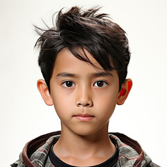 A professional studio headshot of an 11-year-old Thai boy with a disgruntled look. - obrazy, fototapety, plakaty