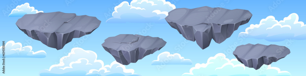 Poster gray stone floating islands in blue sky with clouds - game flying rock platforms for level ui design