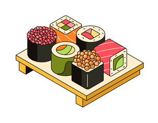 Sushi on the board, traditional asian food, served dish. Set of rolls with rice, fish, seafood, caviar, salmon and seaweed. Vector outline 3d isometric illustration. Icon for restaurant, food delivery