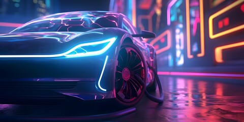 Generative AI illustration of futuristic neon electric car charging from power plant