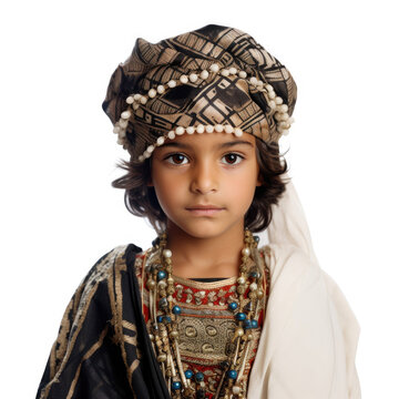 Studio shot of an 8-year-old Kuwaiti child in traditional dress against a white background.