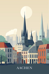 Germany Aachen retro city poster with abstract shapes of skyline, landmarks and port. Vintage cityscape travel vector illustration of North Rhine-Westphalia