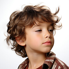 Professional studio head shot of a drowsy 5-year-old Jordanian boy with half-closed eyes.