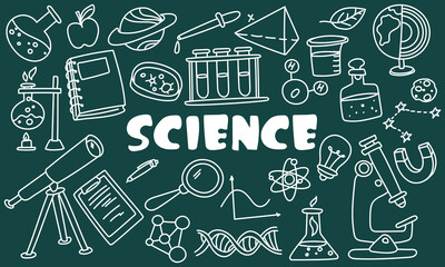 A set of hand-drawn vector contours on the topic of science, education and school. Doodle elements flask, book, notebook, microscope, planet, telescope, dna, magnet, test tubes with inscription