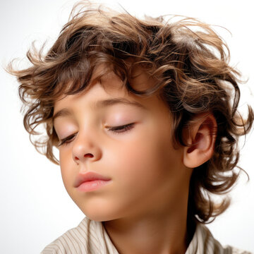 Professional studio head shot of a drowsy 5-year-old Jordanian boy with half-closed eyes.