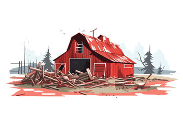 destroyed barn demolished building vector flat isolated illustration - obrazy, fototapety, plakaty